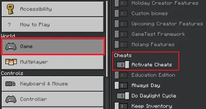 Activate Cheats on Bedrock